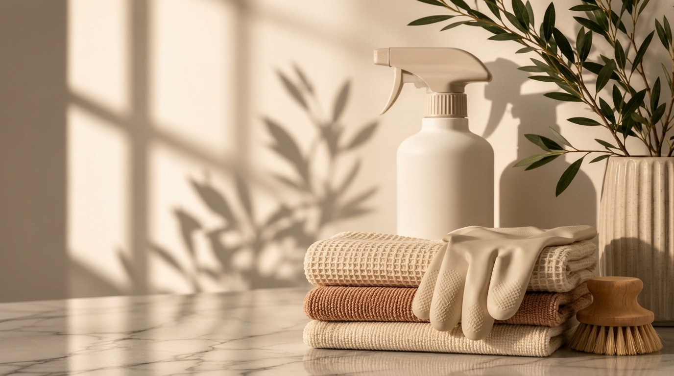 Cleaning supplies and fresh linens arranged on a marble countertop in warm natural light