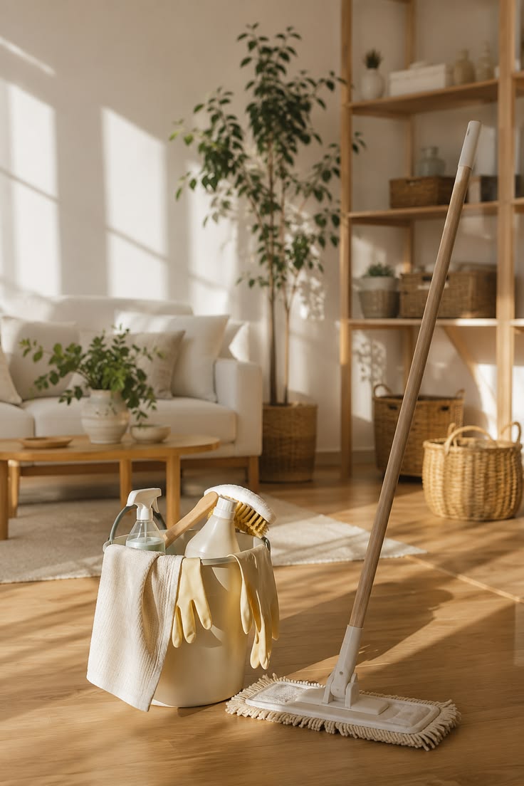 A bucket of cleaning supplies and a flat mop on a wooden floor in a sunlit living room