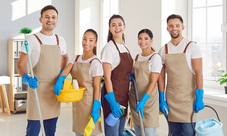 Five cleaners in aprons and blue gloves, smiling in a bright, sunlit room